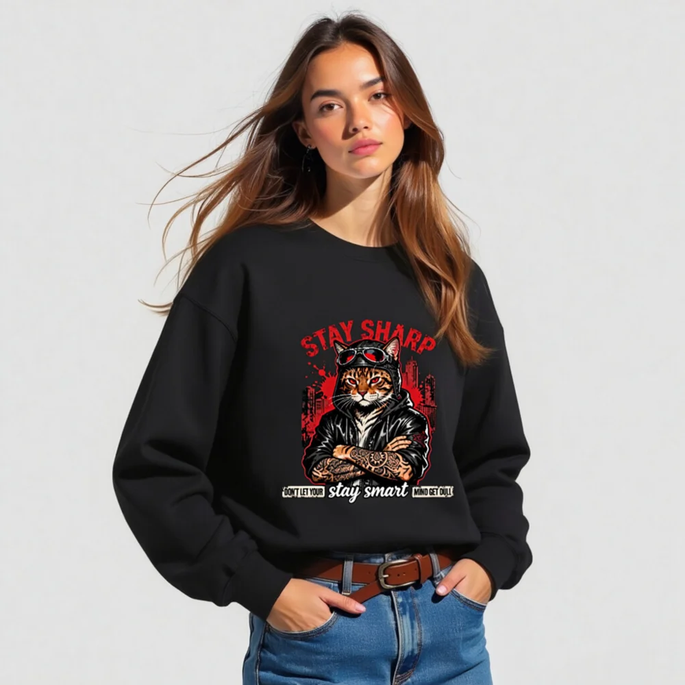 Stay Sharp Cat Graphic Sweatshirt - Unisex Crew Neck Hoodie - Image 5