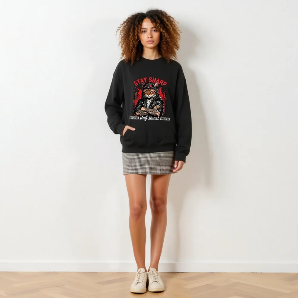 Stay Sharp Cat Graphic Sweatshirt - Unisex Crew Neck Hoodie - Image 6
