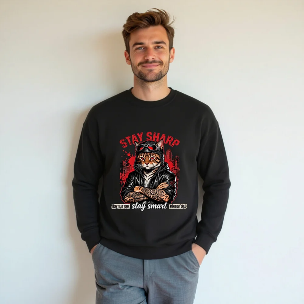 Stay Sharp Cat Graphic Sweatshirt - Unisex Crew Neck Hoodie - Image 7