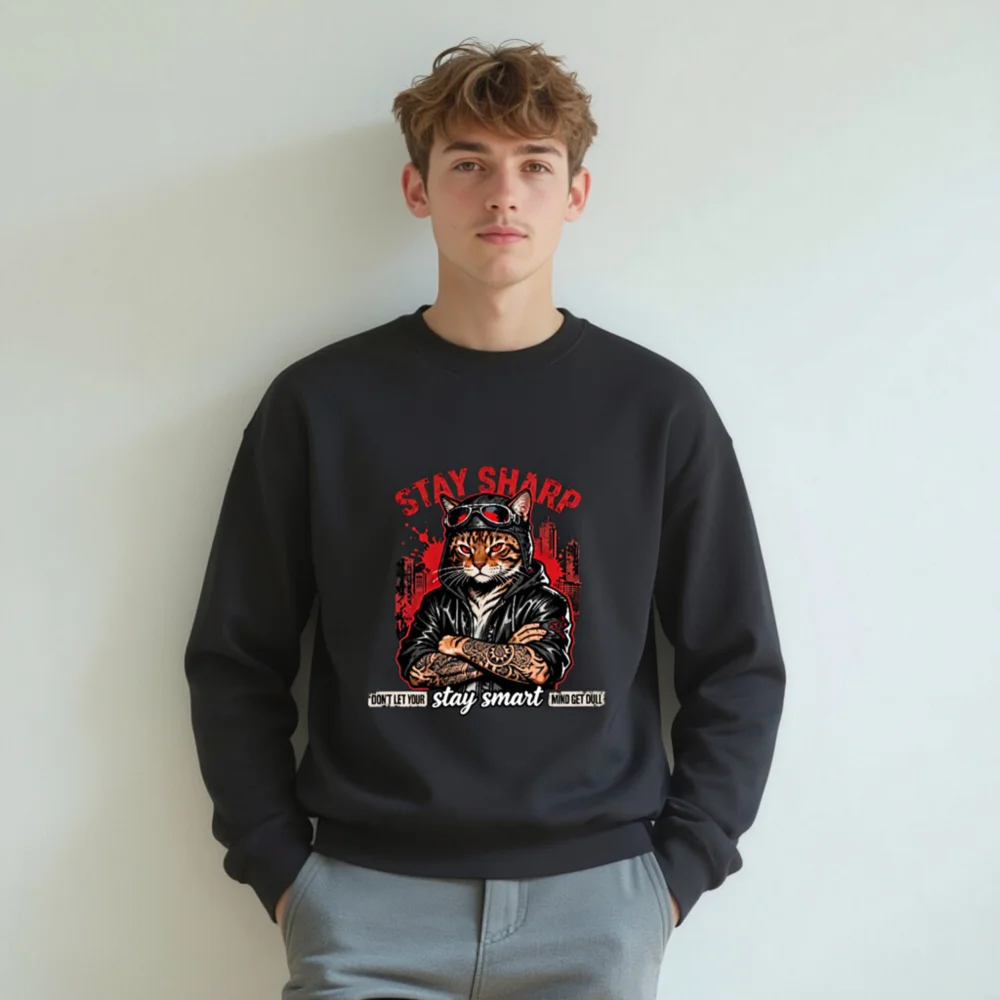 Stay Sharp Cat Graphic Sweatshirt - Unisex Crew Neck Hoodie - Image 8