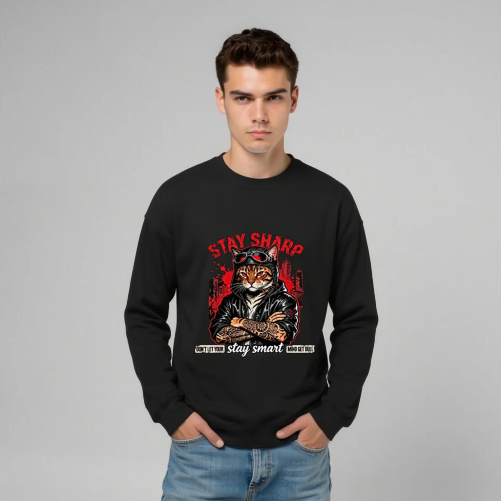 Stay Sharp Cat Graphic Sweatshirt - Unisex Crew Neck Hoodie - Image 11