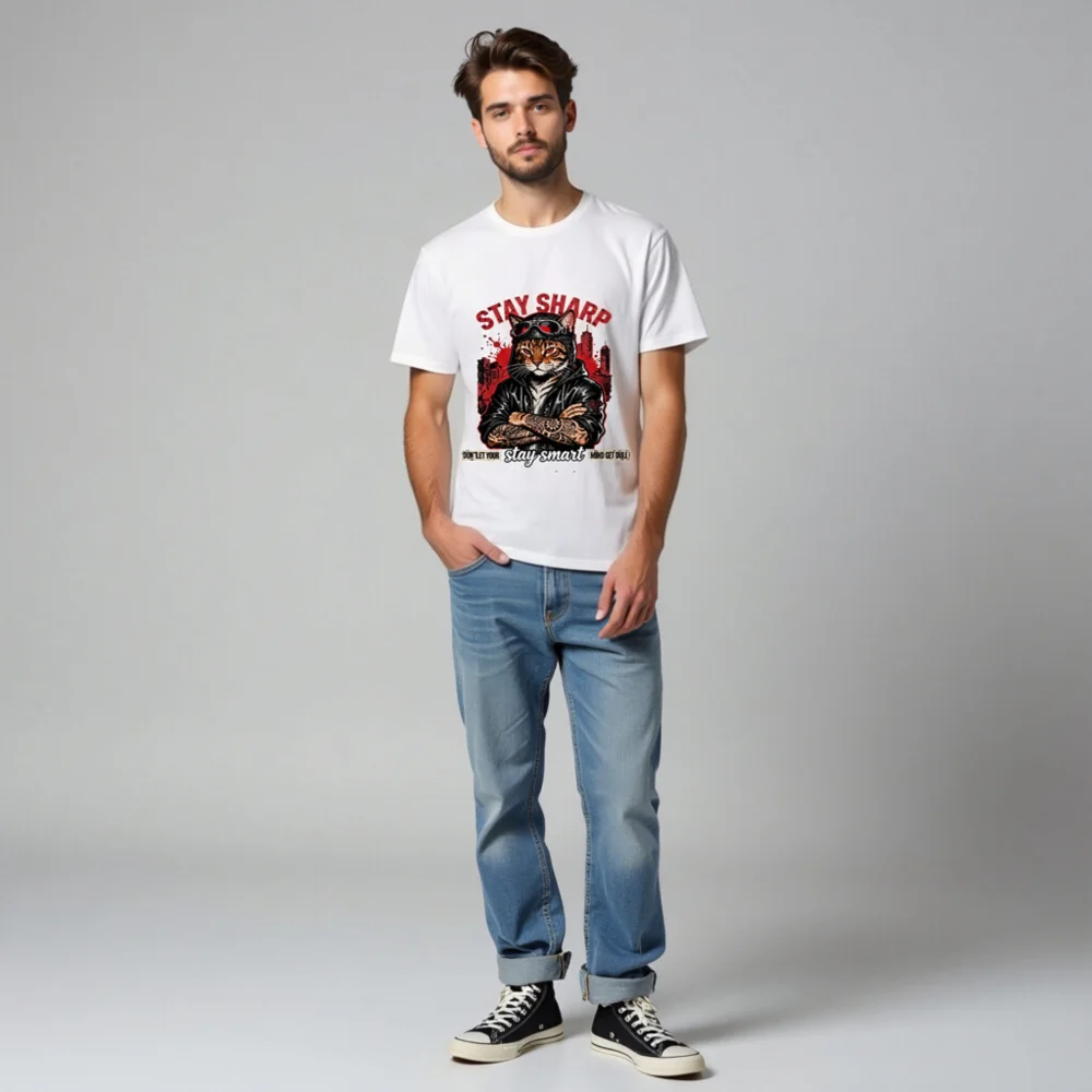 Stay Sharp Cat T-Shirt – Unisex Organic Cotton Graphic Tee - Image 5