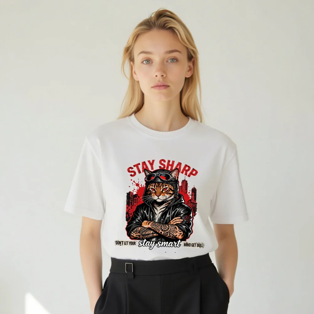 Stay Sharp Cat T-Shirt – Unisex Organic Cotton Graphic Tee - Image 8