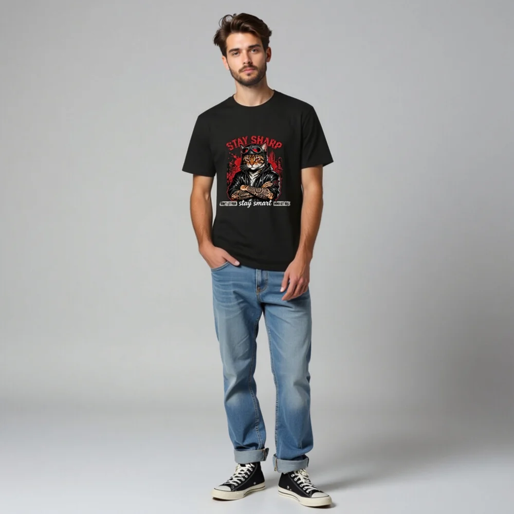 Stay Sharp Cat T-Shirt – Unisex Organic Cotton Graphic Tee - Image 8