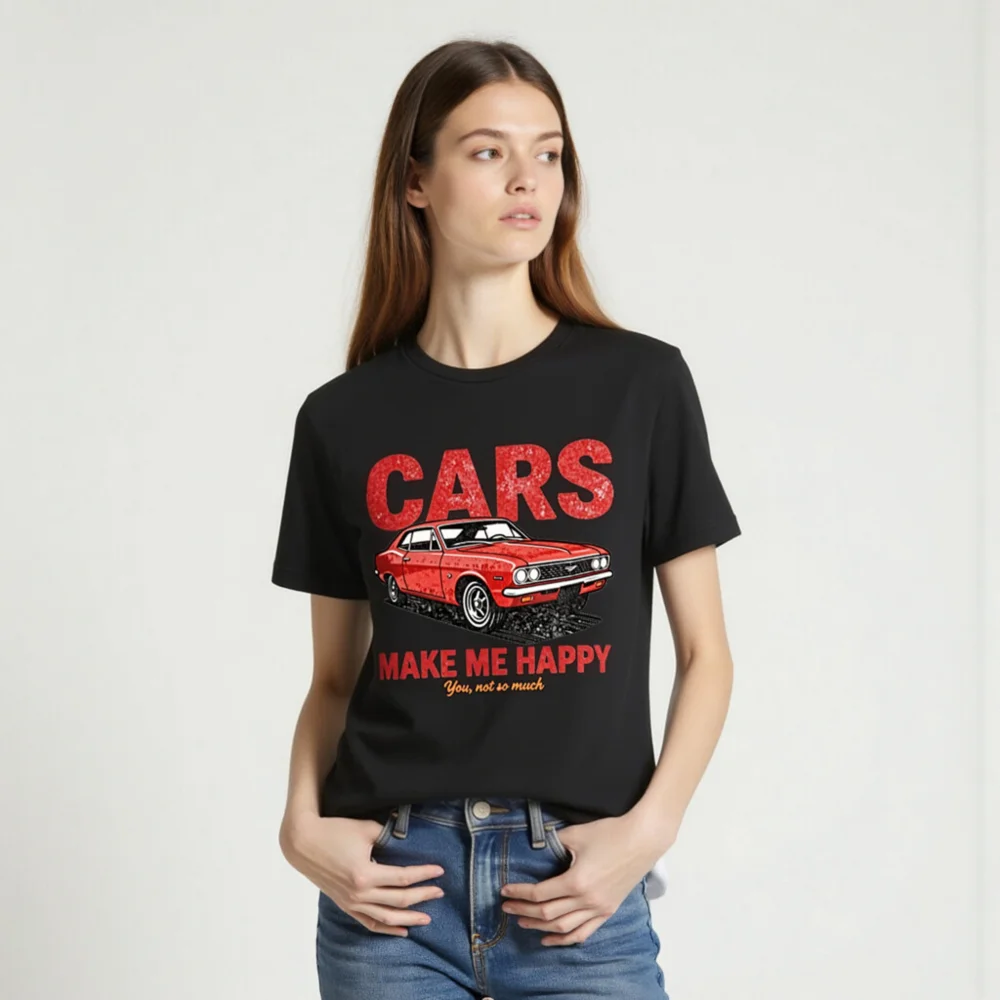 Cars Make Me Happy T-Shirt – Vintage Muscle Car Graphic Tee - Image 2