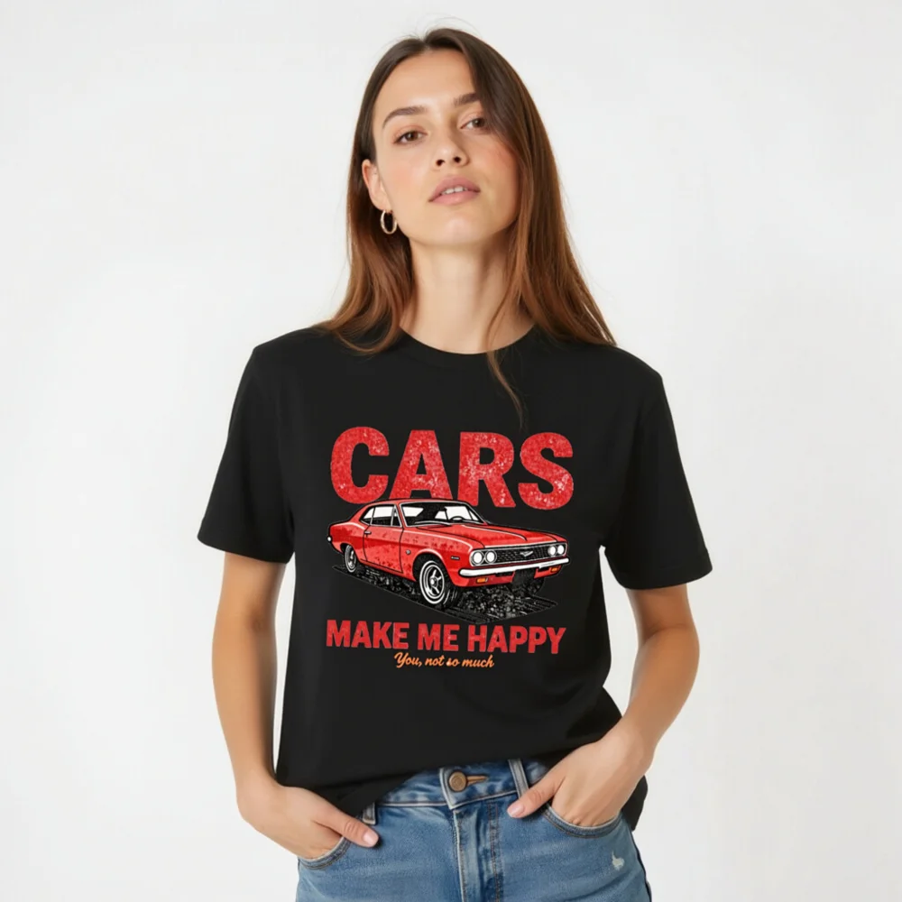 Cars Make Me Happy T-Shirt – Vintage Muscle Car Graphic Tee - Image 4