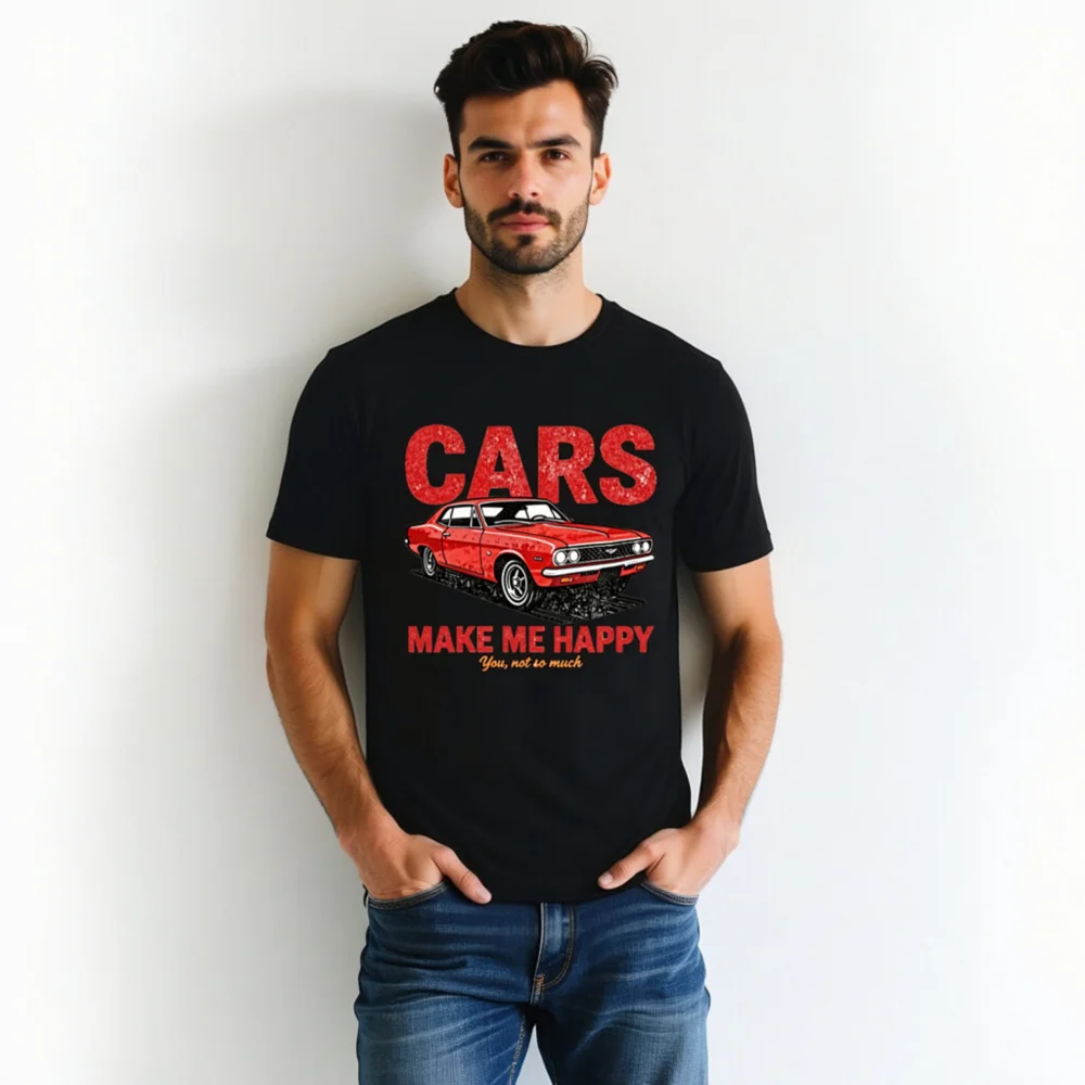 Cars Make Me Happy T-Shirt – Vintage Muscle Car Graphic Tee - Image 5