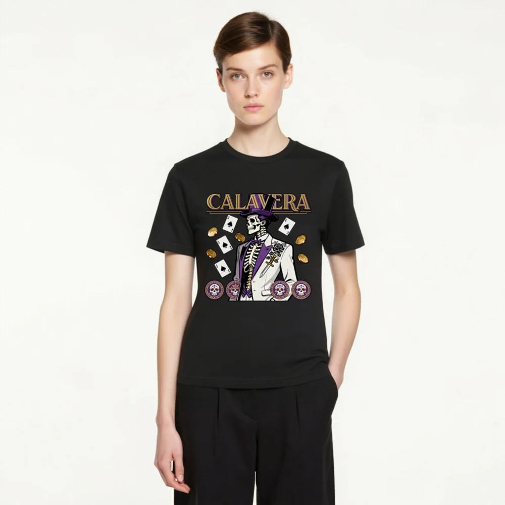 Calavera Skeleton T-Shirt – Unisex Graphic Tee with Poker & Day of the Dead Design - Image 3