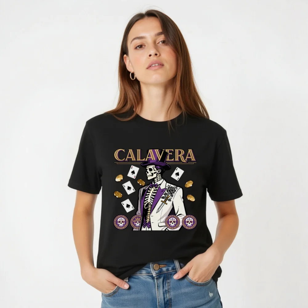 Calavera Skeleton T-Shirt – Unisex Graphic Tee with Poker & Day of the Dead Design - Image 4