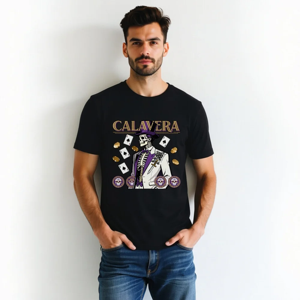Calavera Skeleton T-Shirt – Unisex Graphic Tee with Poker & Day of the Dead Design - Image 5