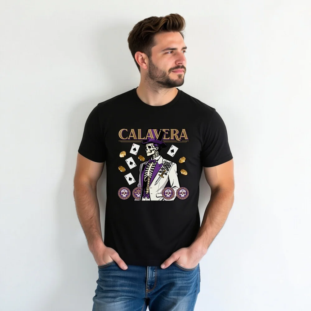 Calavera Skeleton T-Shirt – Unisex Graphic Tee with Poker & Day of the Dead Design - Image 6
