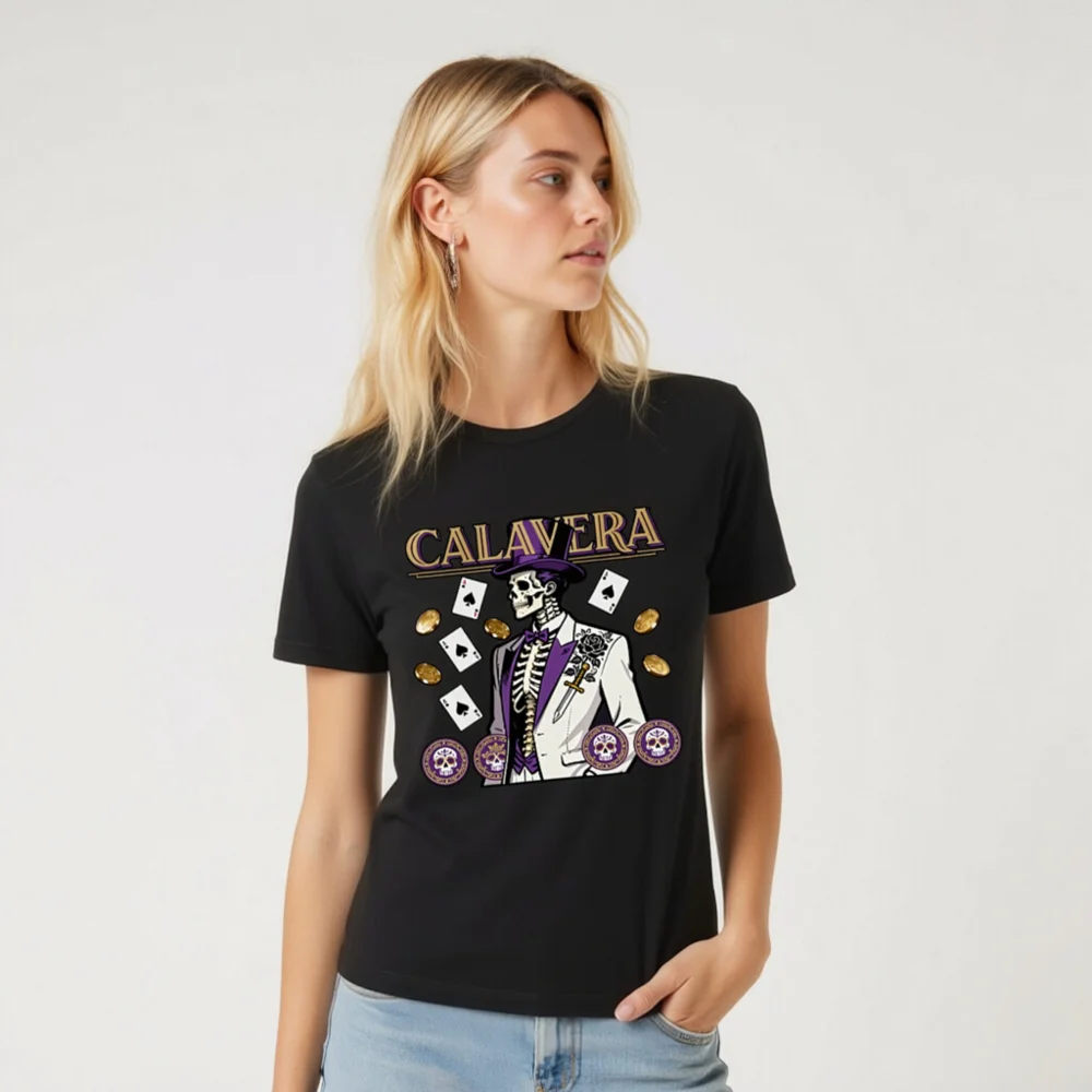 Calavera Skeleton T-Shirt – Unisex Graphic Tee with Poker & Day of the Dead Design - Image 8