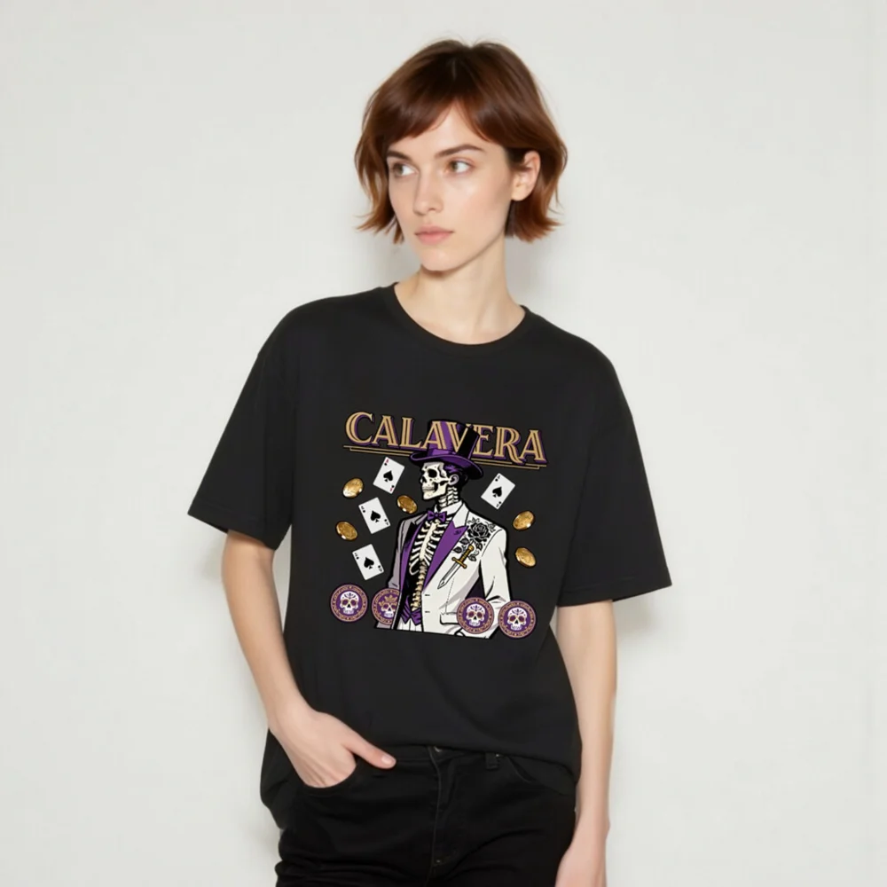 Calavera Skeleton T-Shirt – Unisex Graphic Tee with Poker & Day of the Dead Design - Image 10